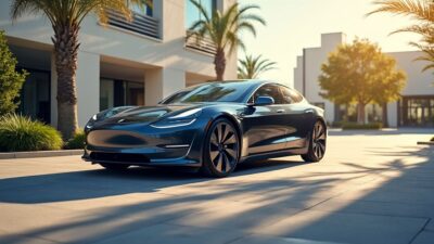 Voiture électrique dans la ville sous le soleil montrant son design moderne.
