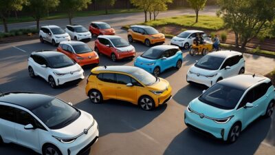 Image aérienne de plusieurs VW ID. Buzz stationnés, symbolisant l'esprit communautaire et le partage d'expériences.
