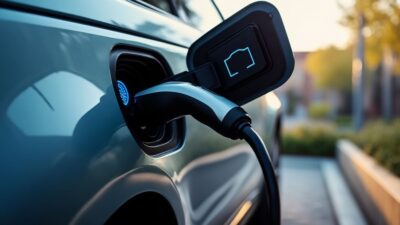 Zoom sur le port de charge Range Rover Sport électrique, illustrant une innovation écologique et durable.