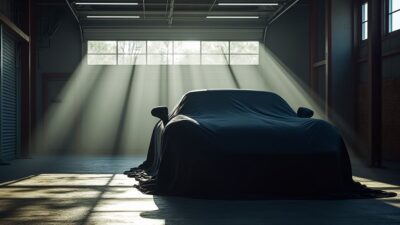 Ombres projetées dans un garage sur un véhicule, symbolisant la sécurité.