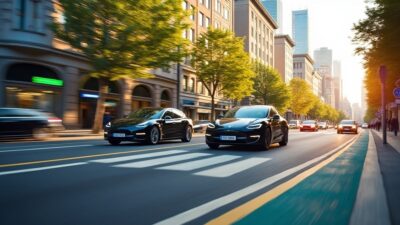 Ville européenne animée avec véhicules électriques sur la route, symbolisant l'évolution vers une mobilité durable.