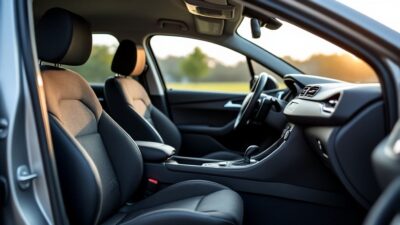 Photo de l'intérieur spacieux soulignant les sièges confortables et le tableau de bord de la Peugeot grise.