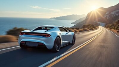 Image captivante d'une Tesla Roadster roulant sur une autoroute en bord de mer, symbolisant l'évasion et l'exploration.