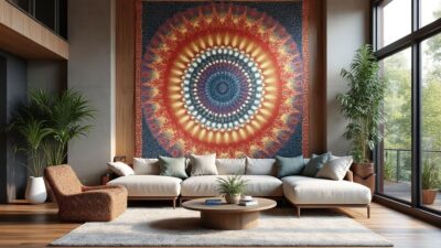 Espace de vie contemporain avec une tenture murale colorée
