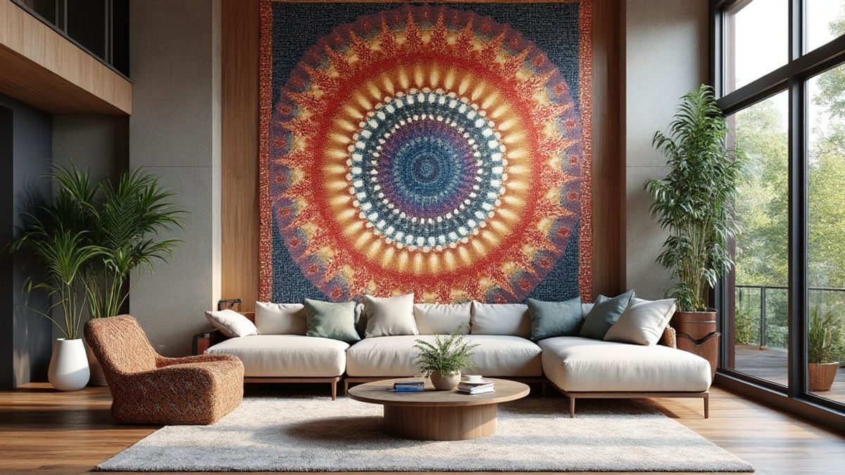 Espace de vie contemporain avec une tenture murale colorée