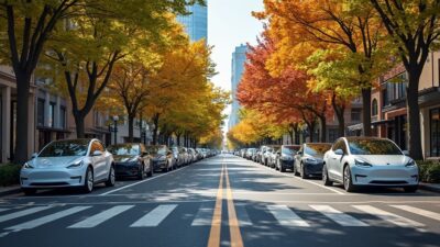 Image d'une rue pleine d'énergie avec des véhicules électriques et des arbres vibrants illustrant la vie urbaine.