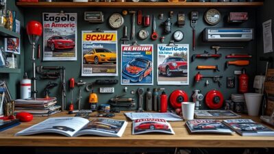 Atelier bien ordonné avec magazines automobiles et outils