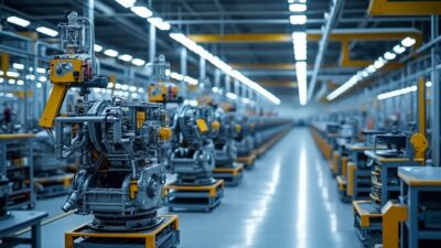 Image d'une ligne de production vide dans une usine française avec machines à l'arrêt