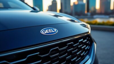 Détail du logo Geely sur une automobile contemporaine devant un décor urbain de Canada