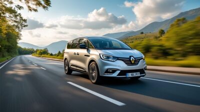 Vue dynamique du Renault Espace sur une route pittoresque, soulignant sa performance et son design élégant.