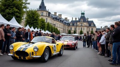 Les passionnés admirent les voitures anciennes à Clermont-Ferrand dans un cadre historique captivant.