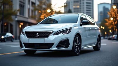 Image d'une Peugeot blanche avec phares allumés vue de face, soulignant son design moderne en ville.
