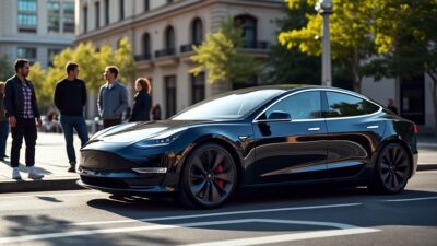 Voiture électrique Tesla dans une scène urbaine avec des spectateurs curieux discutant de la technologie.
