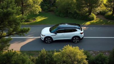 Prise de vue aérienne montrant la Volkswagen ID. Tiguan en harmonie avec la nature, illustrant ses aspects écologiques.